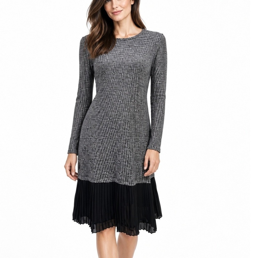 Michael Kors Houndstooth Long Sleeve Dress Black White Pleated Hem Size M